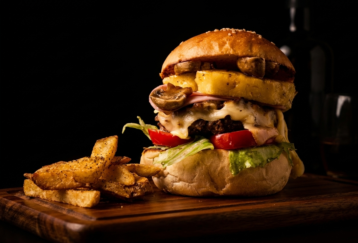 Hamburguesa gourmet con papas fritas