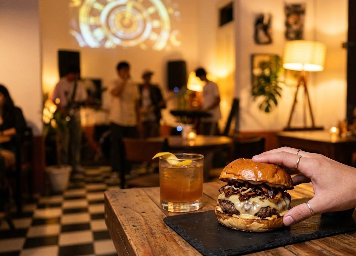 Hamburguesa y trago con la banda tocando de fondo