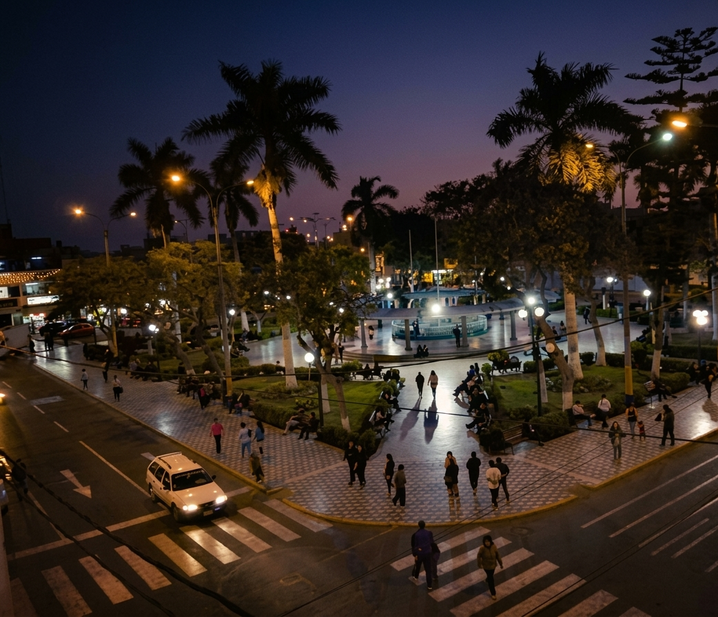 Vista nocturna de la plaza cerca del local